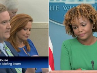 Fox News White House correspondent Peter Doocy, left; White House press secretary Karine Jean Pierre, right.