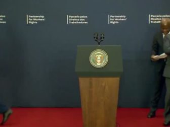 U.S. President Joe Biden, left, leaves a media briefing with Brazilian President Luiz Inácio Lula da Silva, right.