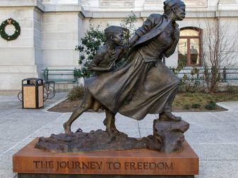 Wesley Wofford's statue honoring Harriet Tubman, "The Journey to Freedom," is displayed in Philadelphia in January 2022.