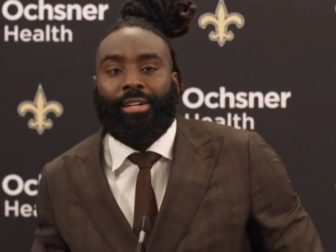 New Orleans Saints linebacker Demario Davis speaks in a post game press conference.