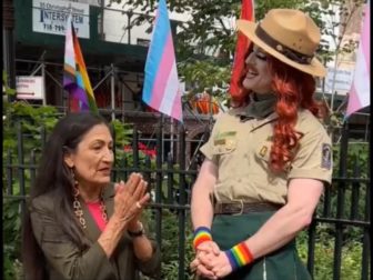 Interior Secretary Deb Haaland with a park ranger identified as "Pattie Gonia."