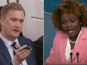 Fox News' Peter Doocy, left, and White House press secretary Karine Jean-Pierre, right, exchange words on Monday.
