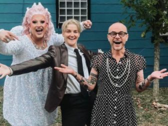 Drag queen "Flamy Grant," left, and former Christian singer Derek Webb, right, dressed in drag to attend the Christian music 54th Annual Dove Awards on Oct. 17.