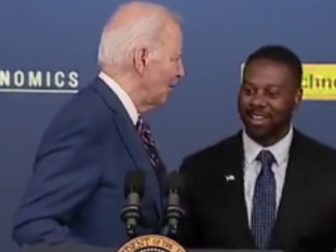 On Monday, Mark Anthony Thomas, right, was supposed to introduce President Joe Biden, left, before his speech, but Biden came out and started speaking before realizing his mistake.