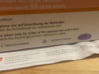 This pill box arrived in the mail to every home in Switzerland. The accompanying letter tells citizens "Iodine tablets, to be taken at the request of the authorities in the event of radioactive fallout."