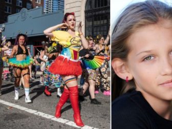 Eleven-year-old Dempsey Jara, right, was grand marshal of Saturday's "Come Out with Pride" event in downtown Orlando, Florida, left.