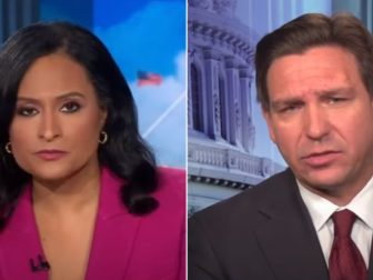 Kristen Welker, left, interviewed Florida Gov. Ron DeSantis, right, on NBC's "Meet the Press" Sunday.