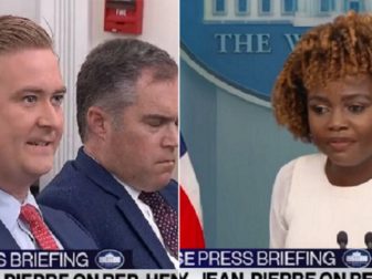 Fox News White House correspondent Peter Doocy, left; White House press secretary Karine Jean-Pierre, right.