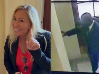 Rep. Marjorie Taylor Greene, left, shakes her finger near the fire alarm that was activated on Saturday, right, by Democratic Rep. Jamaal Bowman.