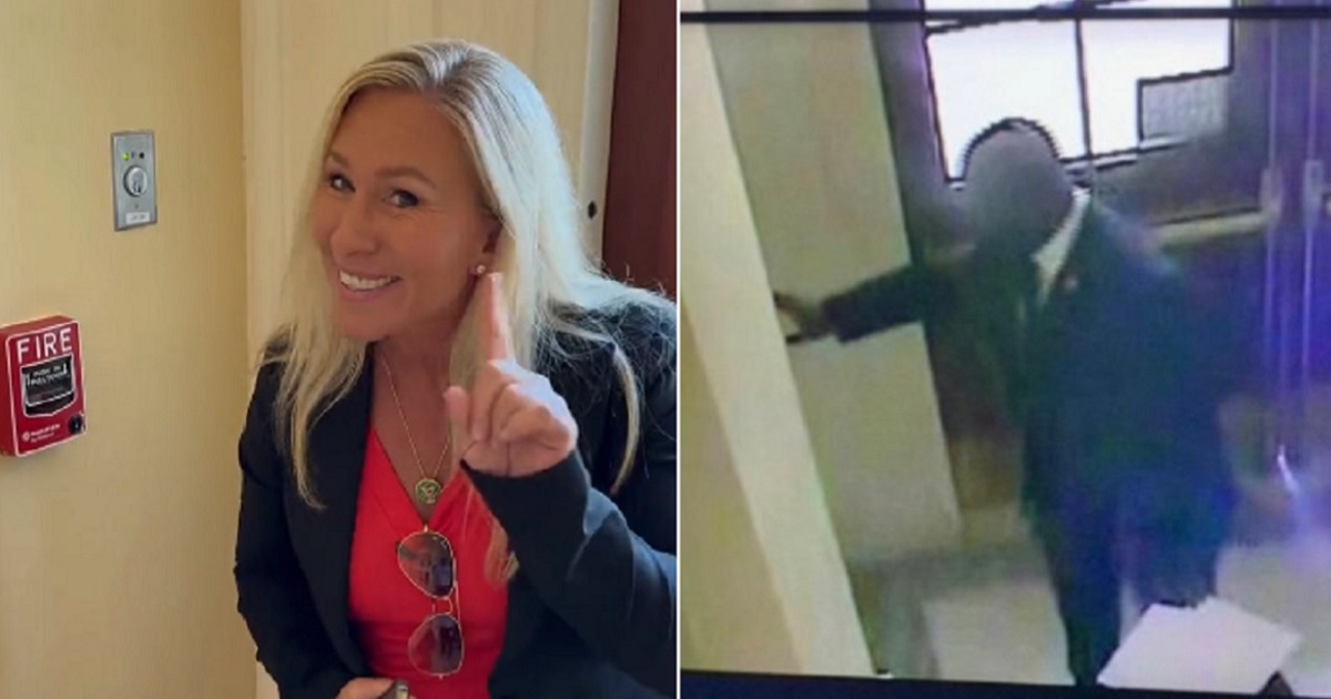 Rep. Marjorie Taylor Greene, left, shakes her finger near the fire alarm that was activated on Saturday, right, by Democratic Rep. Jamaal Bowman.