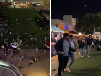 (L) A Twitter screen shot shows the evacuation of the State Fair of Texas after an alleged shooting. (R) A Twitter screen shot shows a different angle of the evacuation of the State Fair of Texas.