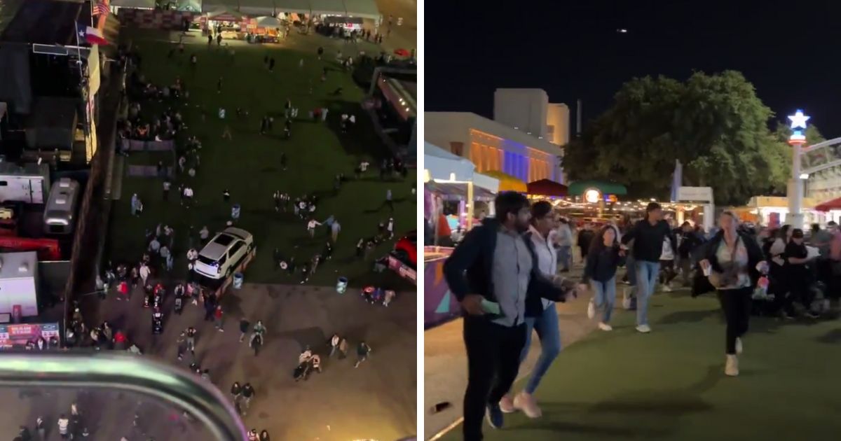 (L) A Twitter screen shot shows the evacuation of the State Fair of Texas after an alleged shooting. (R) A Twitter screen shot shows a different angle of the evacuation of the State Fair of Texas.