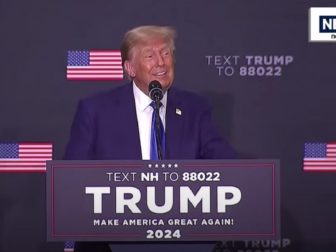 Former President Donald Trump gets the crowd laughing during an address in New Hampshire on Monday.