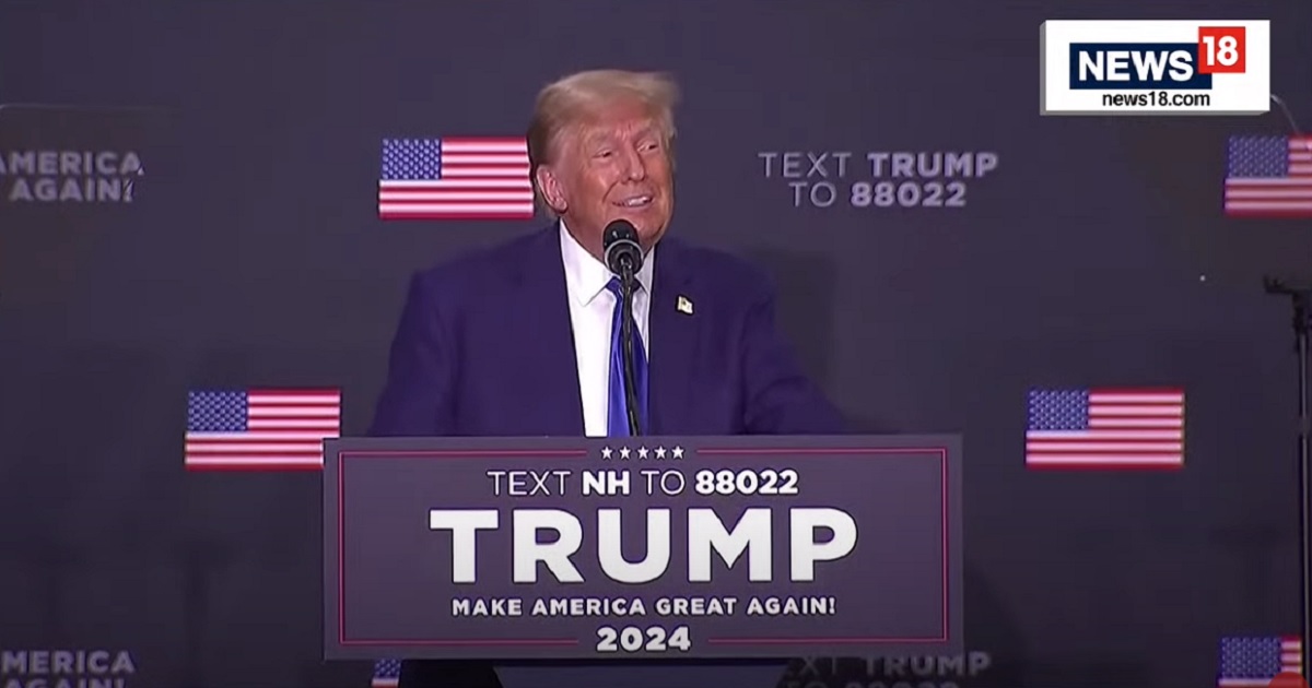 Former President Donald Trump gets the crowd laughing during an address in New Hampshire on Monday.