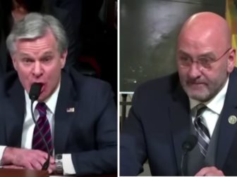 Rep. Clay Higgins of Louisiana, right, questions FBI Director Christopher Wray during a House Homeland Security Committee hearing on Wednesday.