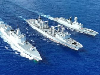 Warships attached to a combat support ship flotilla of the Chinese navy are seen during a combat training exercise on Oct. 23.