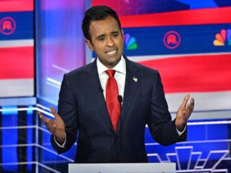 Republican president candidate Vivek Ramaswamy speaks during the third Republican primary debate in Miami, Florida, on Wednesday. Ramaswamy called fellow candidate Nikki Haley “Dick Cheney in three-inch heels.”