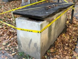 A homeless man allegedly went on a "one-man crime spree" in Boston on Saturday destroying several grave markers, including this one in Granary Burying Ground.