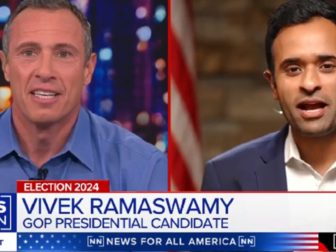 Former CNN host Chris Cuomo, now with NewsNation, interviews Republican presidential contender Vivek Ramaswamy on Monday.