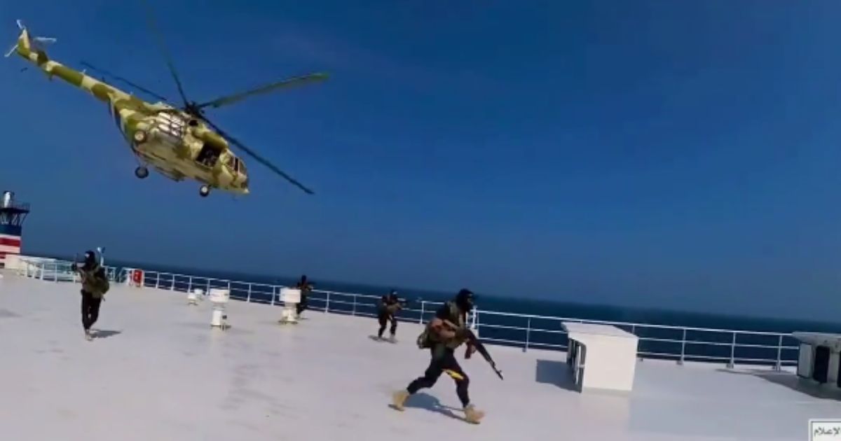 The above image is from a released video showing Yemen's Houthi rebels hijacking a ship over the weekend.