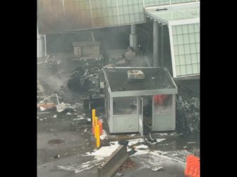 The above image shows the aftermath of a car explosion that occurred Wednesday at the Niagra Falls Rainbow Bridge, which is the U.S.-Canada border.