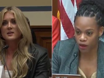 Former NCAA athlete Riley Gaines, left, testified in front of the House Oversight Committee on Health Care and Financial Services on Tuesday, and exchanged words with Rep. Summer Lee, right.