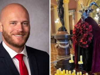 Michael Cassidy vandalized a display put up in the Iowa state Capitol by the Satanic Temple on Thursday.