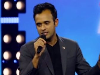 Republican presidential candidate Vivek Ramaswamy speaks during the Turning Point USA "AmericaFest" event in Phoenix on Sunday.