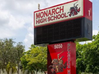 A sign outside Monarch High School in Coconut Beach, Florida.