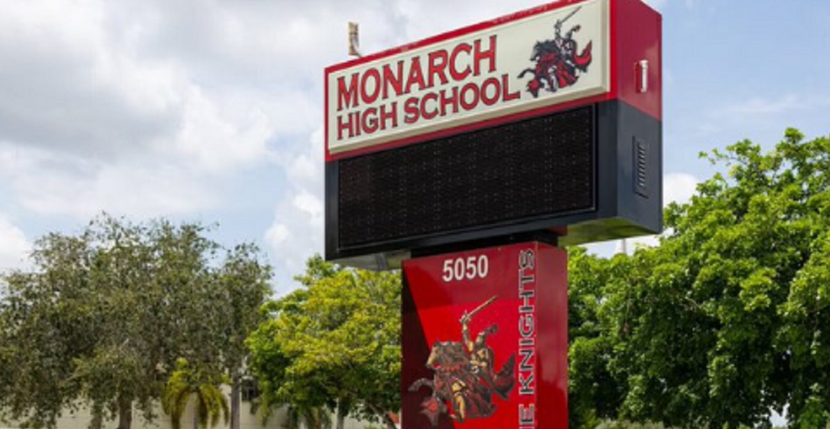 A sign outside Monarch High School in Coconut Beach, Florida.