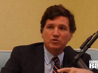 Former Fox News host Tucker Carlson is pictured from in interview on a podcast hosted by actress and comedian Roseanne Barr.