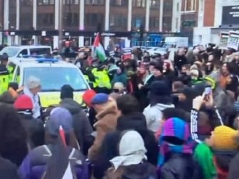 Protesters throng a section of London on Saturday in defense of the Palestinian terror group Hamas.