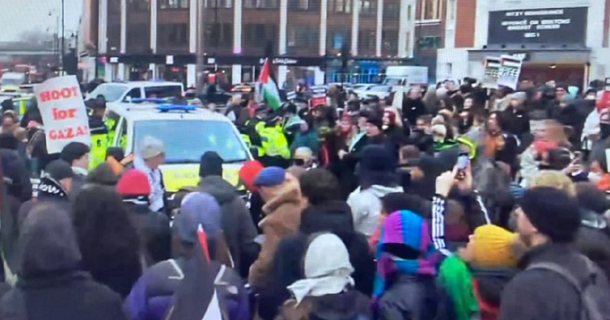 Protesters throng a section of London on Saturday in defense of the Palestinian terror group Hamas.