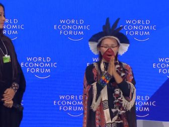 Chief Putanny Yawanawá of Brazil's Yawanawá Tribe performs a ritual at the WEF meeting in Davos.