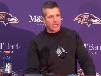 Baltimore Ravens Coach John Harbaugh addresses the media after Saturday's playoff win.