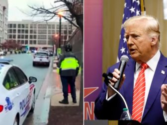 The scene outside a Washington, D.C., courthouse where unidentified journalists were recorded Tuesday joking about a potential assassination of former President Donald Trump, left. Right, Trump is pictured speaking at a campaign event Saturday in Des Moines, Iowa.