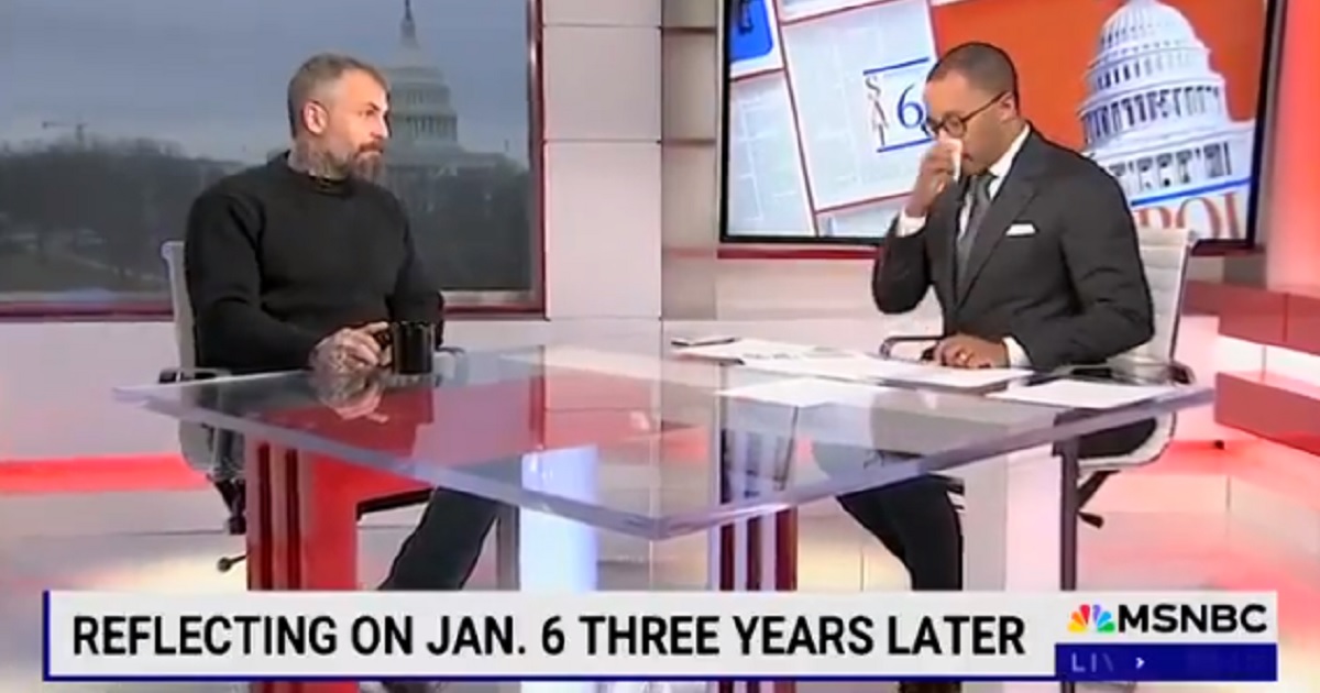 MSNBC's Jonathan Capeheart, host of "The Saturday Show with Jonathan Capeheart," breaks down while interviewing former Washington, D.C., Metropolitan Police Officer Michael Fanone on Saturday, the third anniversary of the Jan. 6, 2021, Capitol insurrection.