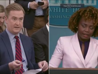 During Tuesday's White House news briefing, Fox News correspondent Peter Doocy, left, questions press secretary Karine Jean-Pierre, right, about President Joe Biden's recent gaffe regarding a dead French president.