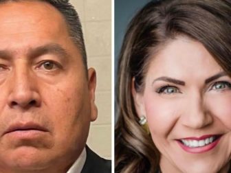 The leader of the Oglala Sioux Tribe in South Dakota's Pine Ridge Reservation, Frank Star Comes Out, left, banished South Dakota Gov. Kristi Noem from the reservation over comments Noem made about cartels infiltrating tribal lands, and the state of the U.S. border with Mexico.