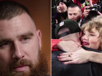 Kansas City Chiefs tight end Travis Kelce, left; right a still of video of Kelce hugging pop star Taylor Swift after the Chiefs won the AFC Championship Jan. 28.