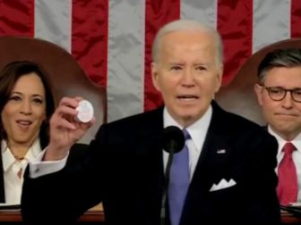 President Joe Biden holds up a button with 22-year-old murder victim Laken Riley’s name during the State of the Union address on Thursday, but he got her name wrong, calling her “Lincoln.”