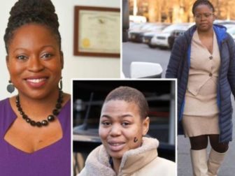 New York Judge Marva Brown, shown in left and right photos. and Amira Hunter, center, accused of assault.