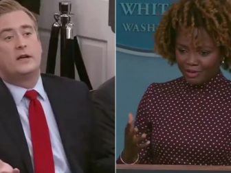 During Wednesday's White House news briefing, Fox News correspondent Peter Doocy, left, asked press secretary Karine Jean-Pierre, right, if President Joe Biden would debate former President Donald Trump.