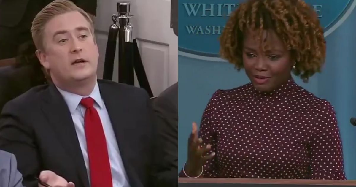 During Wednesday's White House news briefing, Fox News correspondent Peter Doocy, left, asked press secretary Karine Jean-Pierre, right, if President Joe Biden would debate former President Donald Trump.