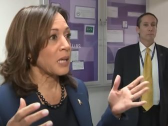 Vice President Kamala Harris talks to reporters Monday in Washington.