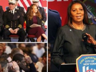 Firefighters and staff booed New York Attorney General Letitia James during a promotion ceremony Thursday in New York.