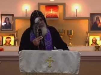 Assyrian Orthodox Christian Bishop Bishop Mar Mari Emmanuel addresses his congregation on Sunday, his first time his an April 15 stabbing attack.