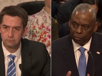 During a Senate Armed Services Committee hearing on Tuesday, Sen. Tom Cotton, left, asked Defense Secretary Lloyd Austin, right, if there was any evidence of Israel committing genocide in Gaza.