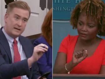 During Tuesday's White House daily briefing, Fox News correspondent Peter Doocy, left, questioned White House press secretary Karine Jean-Pierre, right, over the difference between former President Donald Trump and President Joe Biden using the term "bloodbath."