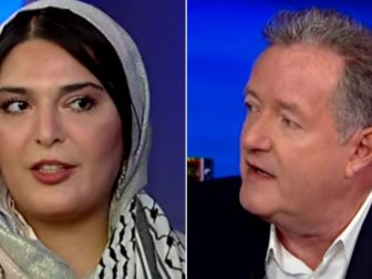 British journalist Piers Morgan, right, questioned American activist Nerdeen Kiswani regarding U.S. protesters shouting "Death to America."